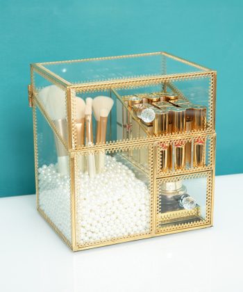 European Vintage Lace Glass Makeup Organizer: Flip-Top Dustproof Brush Holder & Lipstick/Lip Gloss Storage Box