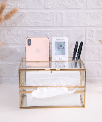 INS-style Multi-functional Tissue Box – Creative Living Room Remote Control Storage Box, Brass and Glass Household Tissue Dispenser