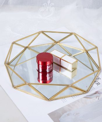 Vintage Mirror Glass Tray, Geometric Metal Cosmetic Storage Plate, Hotel Western Restaurant Storage Tray