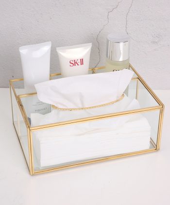 Brass and Glass Creative Household Living Room Tissue Box – Desktop Dustproof Remote Control & Cosmetics Storage Box, Light Luxury