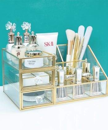 Dressing table top cosmetic storage box – transparent glass brush holder with gold trim, nail tool organizer