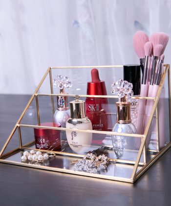 Vintage Light Luxury Copper - Striped Glass Jewelry Stand: 3 - Tier Multifunctional Cosmetic Desktop Storage & Display Rack