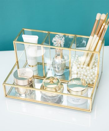 Brass and Glass Storage Container for Nail Art, Eyebrow Pencil & Colored Brushes – Transparent, Uncovered Desktop Organizing Storage Box for Skincare Products & Perfume