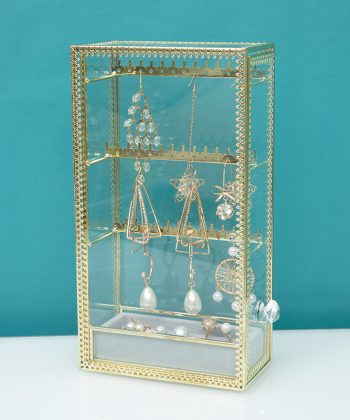 Transparent Glass Dustproof Jewelry Storage Box – Metal Display Stand for Earrings, Ear Accessories, Rings & Desktop Jewelry Showcase