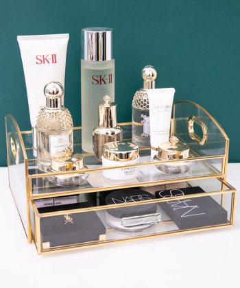 High-End Desktop Cosmetic Storage Box – Dressing Table Transparent Glass Organizer for Lipstick, Skincare Products & Face Masks with Gold Edges