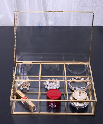Vintage Distressed Brass Six - Compartment Glass Jewelry Box: Ideal for European - Style Jewelry and Cosmetic Storage
